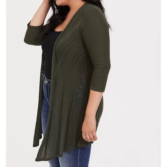 Torrid Olive Green Pointelle Stitched Open Knit Cardigan Size 1 - Picture 3 of 8